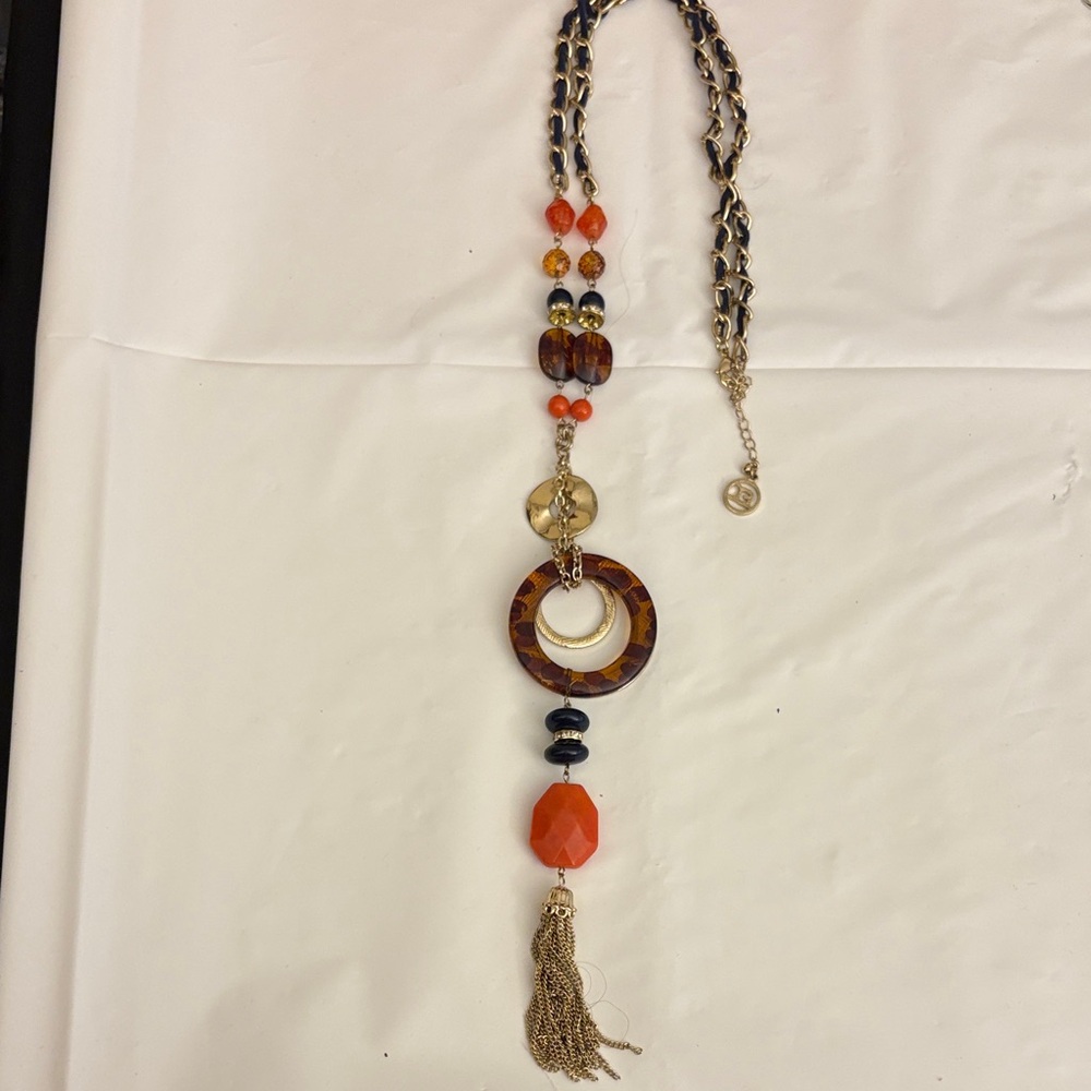 Elegant Orange and Gold Pendant Necklace 32”